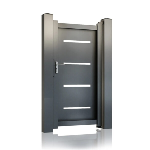 Poartă pietonală Thor gri antracit 900 × 1800 mm, panou plin cu plăcuțe decorative din inox și mâner
