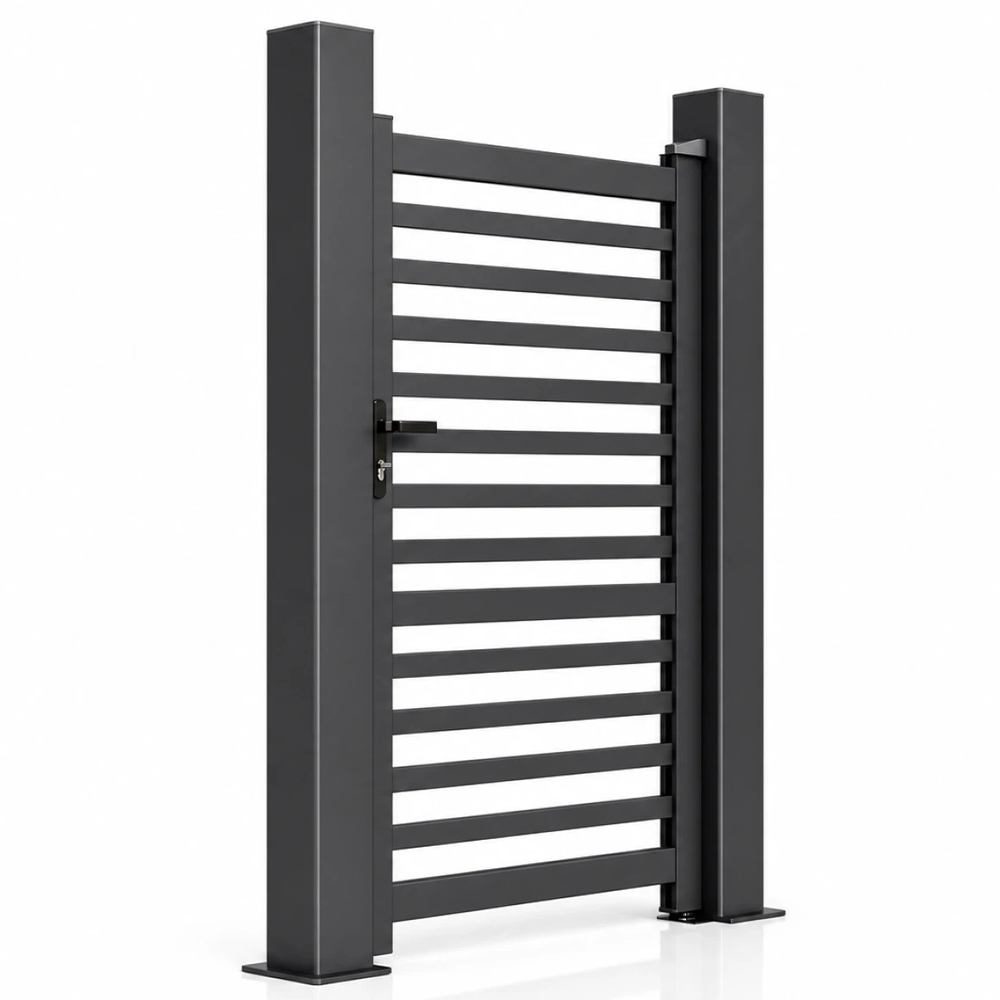 Poartă pietonală din aluminiu Apis, vedere în perspectivă Poartă pietonală Apis gri antracit cu lamele orizontale subțiri și goluri largi, între doi stâlpi, în perspectivă