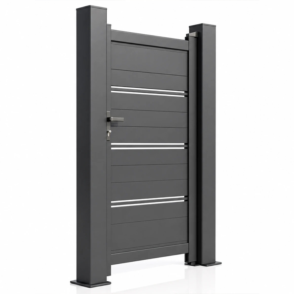Poartă pietonală din aluminiu Artemis, vedere în perspectivă Poartă pietonală Artemis gri antracit, panou plin cu trei perechi de fante orizontale fine, vedere în perspectivă