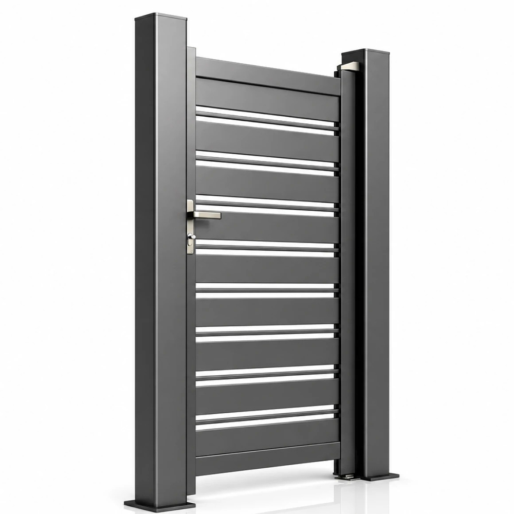 Poartă pietonală din aluminiu Perseus, vedere în perspectivă Poartă pietonală Perseus gri antracit cu perechi de fante orizontale egale pe toată înălțimea, în perspectivă