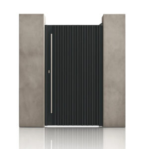 Poartă pietonală Imperia gri antracit 1000 × 2000 mm, cu panou cu nervuri verticale, între stâlpi de beton