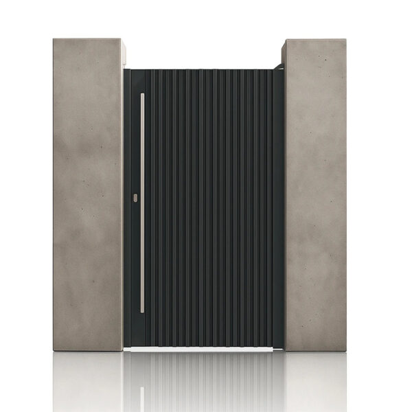 Poartă pietonală Imperia gri antracit 1000 × 2000 mm, cu panou cu nervuri verticale, între stâlpi de beton