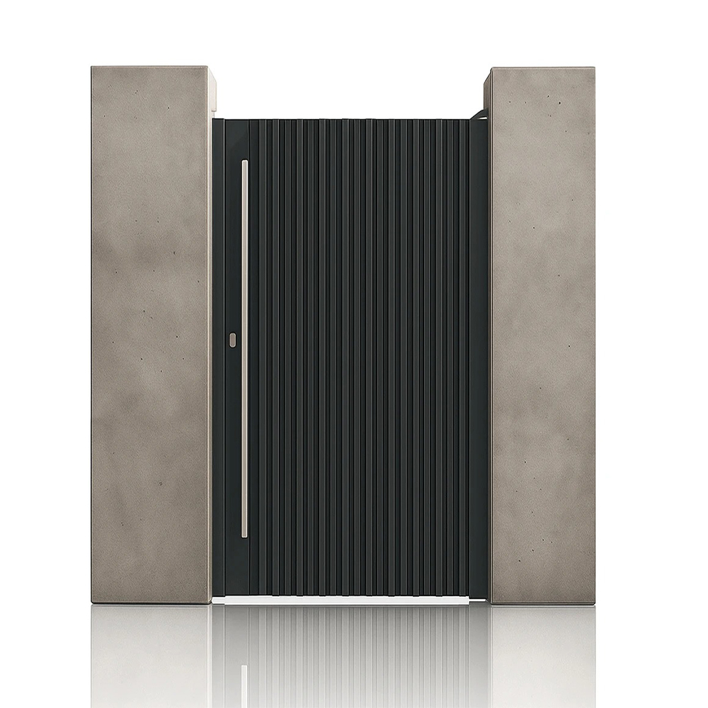 Poartă pietonală Imperia Poartă pietonală Imperia gri antracit 1000 × 2000 mm, cu panou cu nervuri verticale, între stâlpi de beton