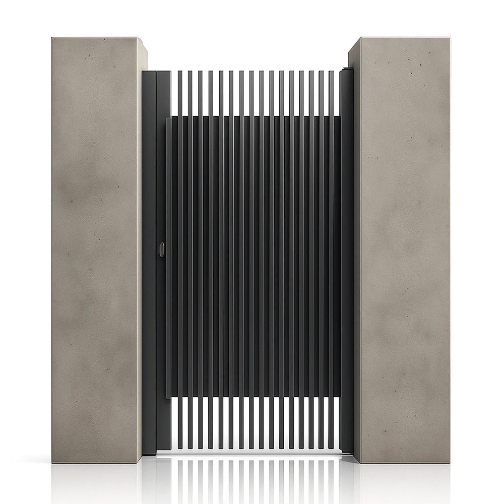 Poartă pietonală Supernova Poartă pietonală Supernova gri antracit 1000 × 2000 mm, cu bare verticale, între doi stâlpi de beton