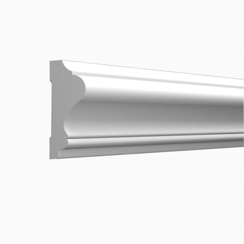 Profil decorativ P9 din duropolimer, 240 cm Profil decorativ P9 din duropolimer, alb, cu relief rotunjit și muchii fine, văzut în perspectivă