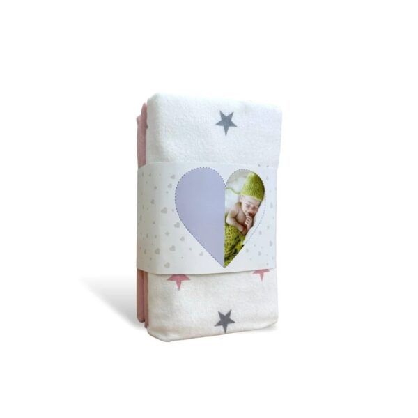 Set 2 scutece din flanel Stars roz, împăturite în ambalaj cu banderolă