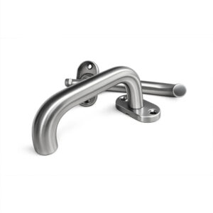 Set de clanțe rotunjite din inox satinat, cu rozetele de prindere și tija de legătură