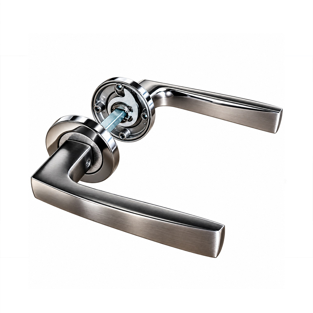 Set clanțe poartă aluminiu LUX argintiu Set de clanțe LUX din aluminiu argintiu, pe rozete rotunde, legate printr-o tijă pătrată