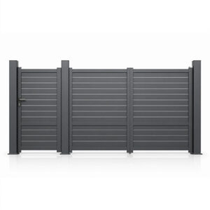 Set poartă Forza Apollo văzut din față: poartă pietonală și poartă auto cu două canate, suprafață aproape plină