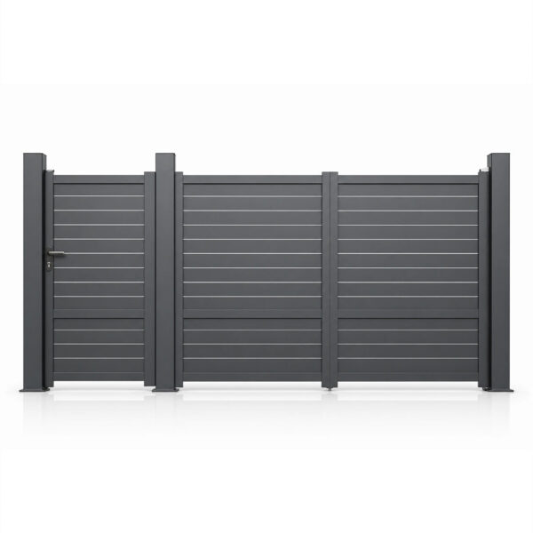 Set poartă Forza Apollo văzut din față: poartă pietonală și poartă auto cu două canate, suprafață aproape plină