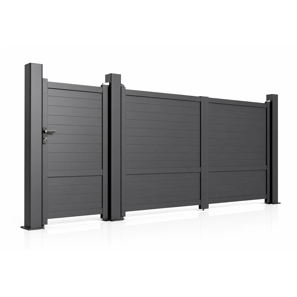 Set poartă Forza Apollo din aluminiu, vedere în perspectivă Set poartă Forza Apollo gri antracit, panou închis cu linii orizontale fine, vedere în perspectivă