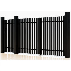 Set porți Light Straight negru cu bare verticale paralele, pietonală și auto între stâlpi, în perspectivă