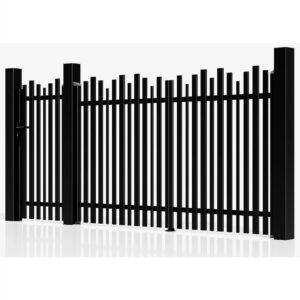 Set porți Light Wave negru cu bare verticale de înălțimi diferite, pietonală și auto, în perspectivă