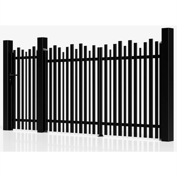 Set porți Light Wave negru cu bare verticale de înălțimi diferite, pietonală și auto, în perspectivă