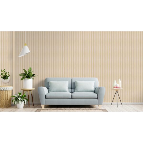 Living cu canapea bleu deschis și perete cu riflaj crem, decorul terminației inferioare JC1021-770