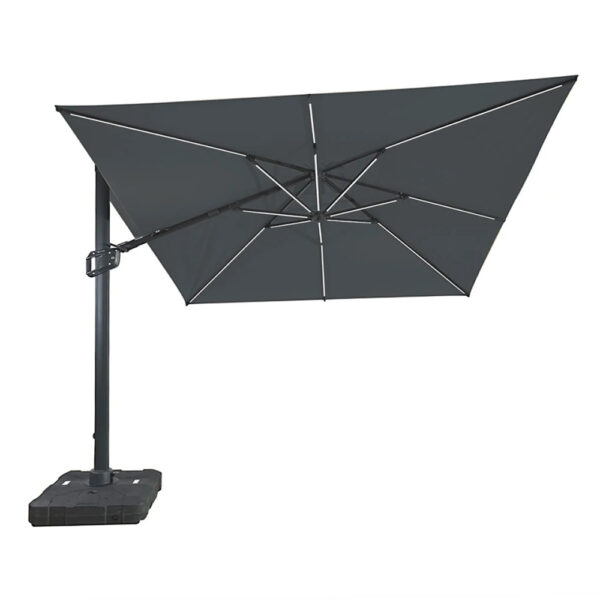 Umbrelă de soare 3 x 3 m gri antracit, cu stâlp lateral, LED pe spițe și bază pătrată, pe fundal alb