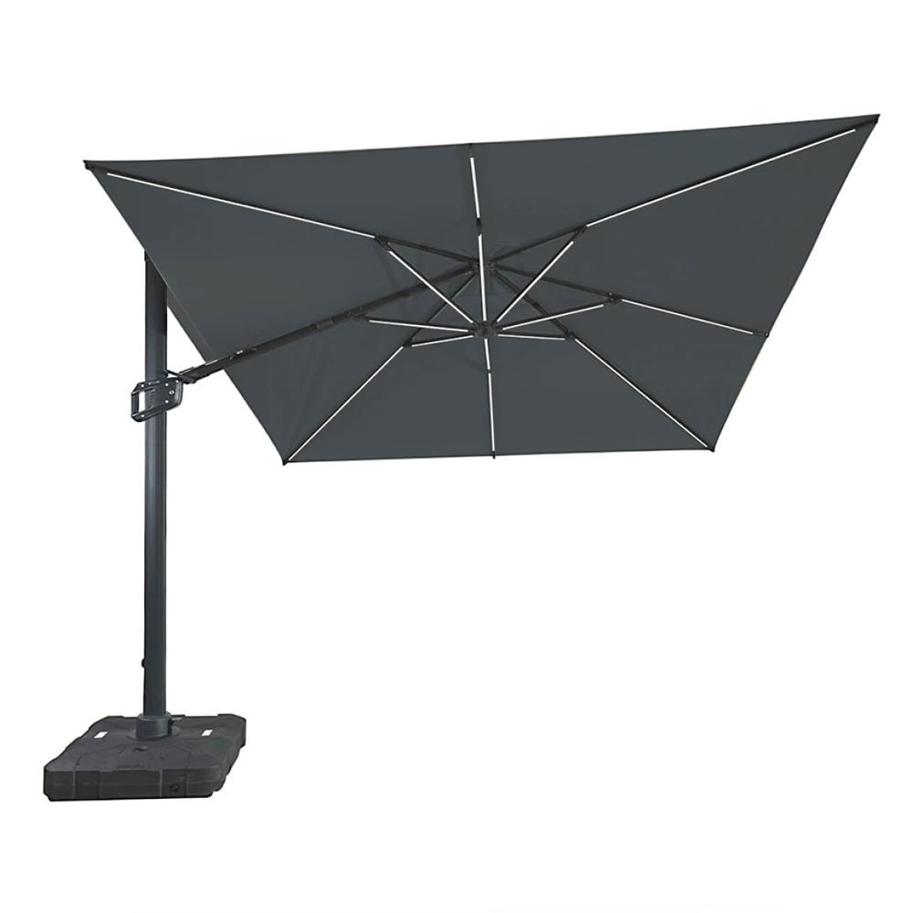 Umbrelă de soare gri antracit cu LED Umbrelă de soare 3 x 3 m gri antracit, cu stâlp lateral, LED pe spițe și bază pătrată, pe fundal alb