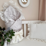Păturică bebe Delux din bumbac satinat cu dantelă, gri, 80 × 80 cm, fața a doua, cu textură