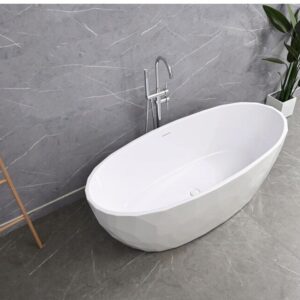Cadă freestanding 9069 albă, vedere de sus a cuvei ovale, cu baterie de pardoseală în decor