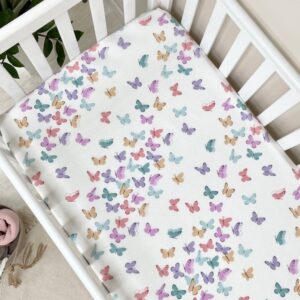 Husă de saltea pătuț 120 × 60 cm din poplin bumbac, fluturi, elastic pe margini