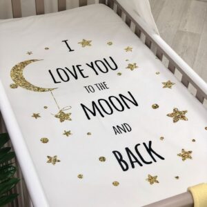 Husă de saltea pătuț 120 × 60 cm din poplin bumbac, lună și stele, elastic pe margini