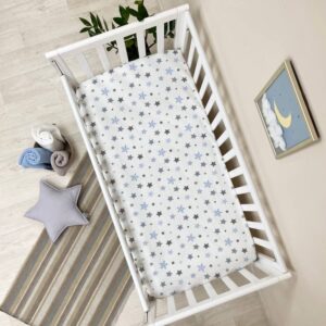 Husă de saltea pătuț 120 × 60 cm din poplin bumbac, steluțe albastre, vedere de ansamblu