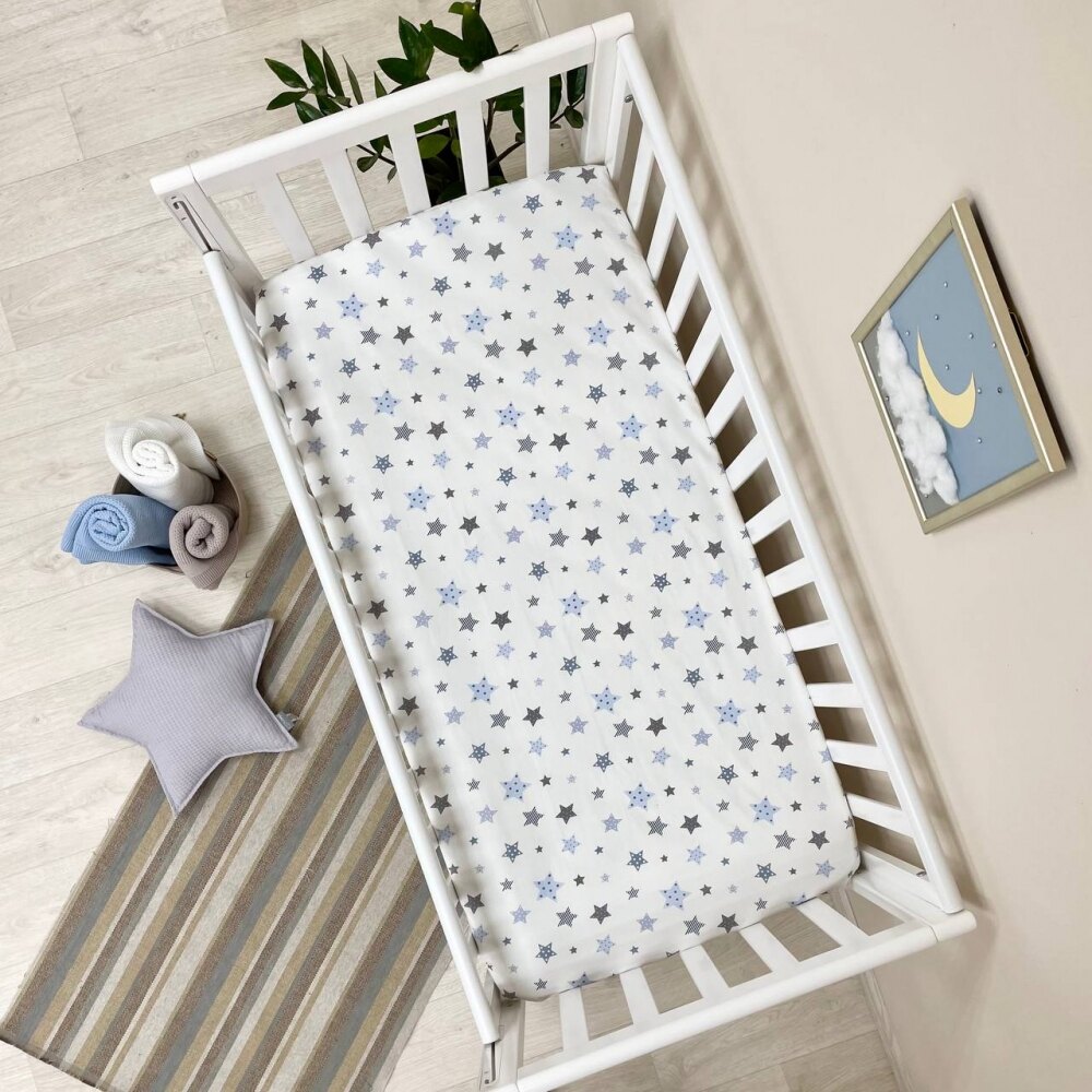 Husă de saltea pătuț 120 × 60 cm din poplin bumbac, steluțe albastre, vedere de ansamblu Husă de saltea pătuț 120 × 60 cm din poplin bumbac, steluțe albastre, vedere de ansamblu