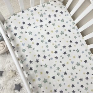 Husă de saltea pătuț 120 × 60 cm din poplin bumbac, steluțe colorate, elastic pe margini