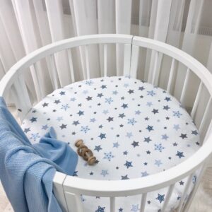 Husă de saltea rotundă pentru pătuț, steluțe albastre, 70 × 70 cm, elastic pe toată circumferința