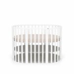 Pătuț evolutiv rotund-oval Maribelle 9 în 1, alb, vedere din lateral