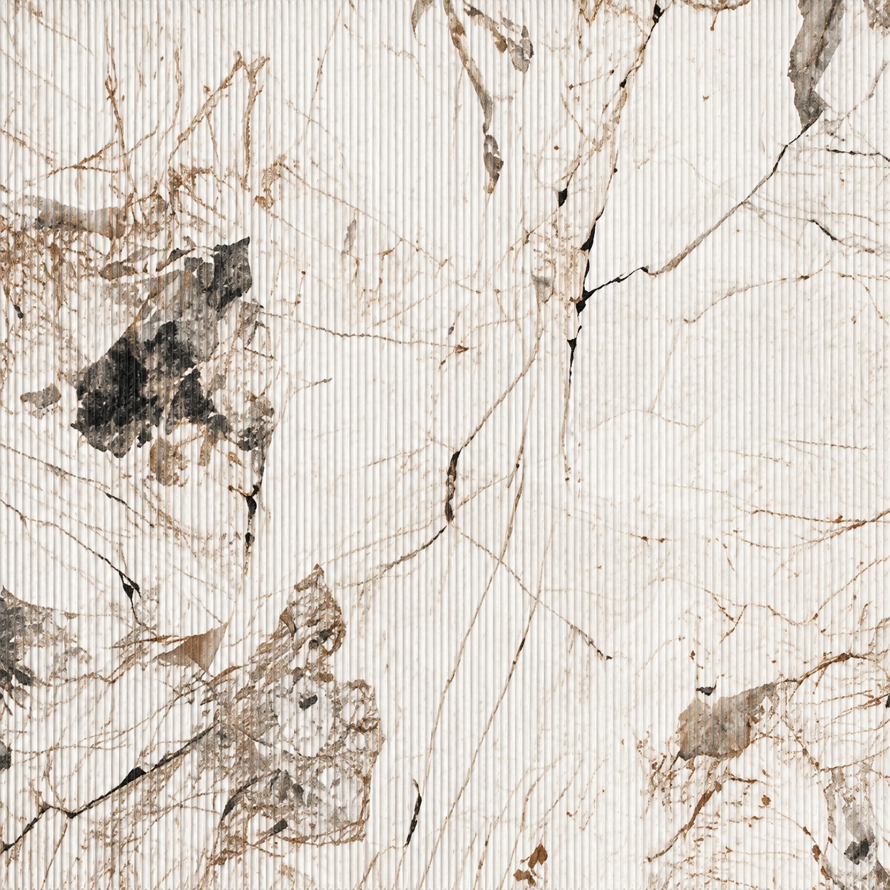 Panou riflat JP-31-S Breccia Marble Panou JP-31-S Breccia Marble văzut frontal: marmură albă cu vene maro, gri și negre pe caneluri fine