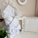 Păturică bebe Delux din bumbac satinat cu dantelă, alb, 80 × 80 cm, fața a doua, cu textură