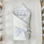 Păturică bebe din satin și material tricotat, alb, 75 × 100 cm, vedere de ansamblu