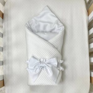 Păturică bebe din satin și material tricotat, alb, 75 × 100 cm, vedere de ansamblu