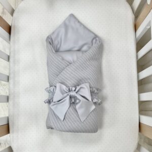 Păturică bebe din satin și material tricotat, gri, 75 × 100 cm, vedere de ansamblu