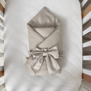Păturică bebe din satin și material tricotat, latte, 75 × 100 cm, vedere de ansamblu