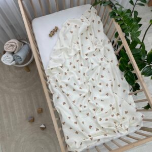 Păturică din muselină pentru bebeluși, ursuleți și buline, 95 × 135 cm, detaliu al modelului