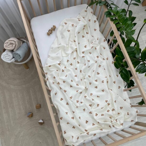 Păturică din muselină pentru bebeluși, ursuleți și buline, 95 × 135 cm, detaliu al modelului