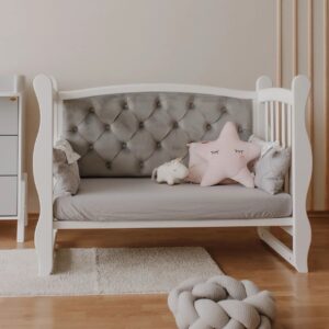 Pătuț tapițat co-sleeping Iași 120 × 60 cm, alb-gri, vedere din față