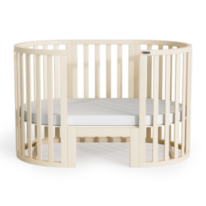 Pătuț evolutiv rotund-oval Maribelle 9 în 1, fildeș, vedere din față