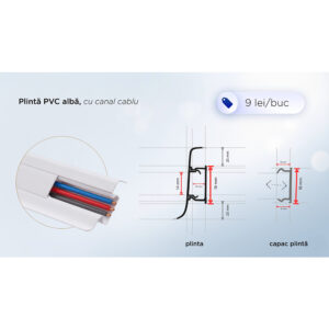 Plintă PVC albă cu cabluri așezate în canal și desen cu cotele profilului și ale capacului detașabil