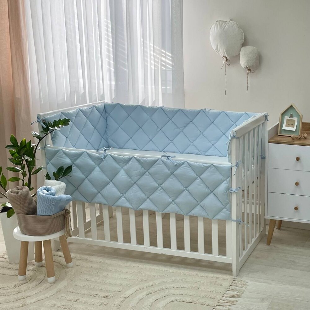 Apărătoare laterală pentru pătuț din 4 piese, albastru, poplin, vedere de ansamblu Apărătoare laterală pentru pătuț din 4 piese, albastru, poplin, vedere de ansamblu