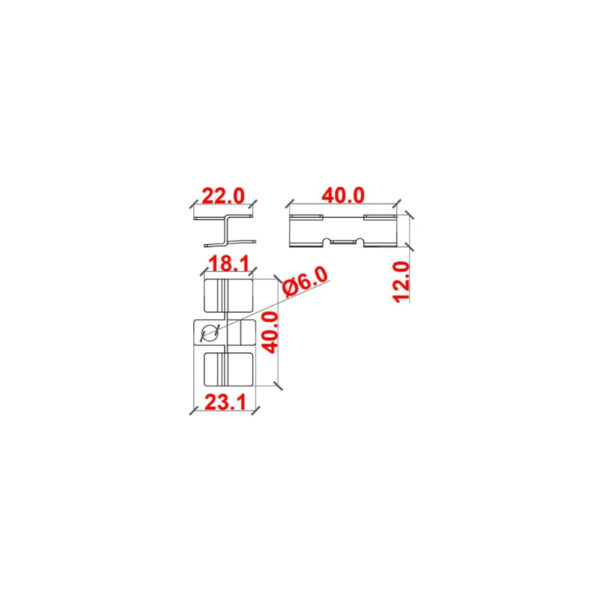 Desen tehnic al clemei de îmbinare, cu cotele 40 × 23,1 mm, înălțimea de 12 mm și orificiul de 6 mm
