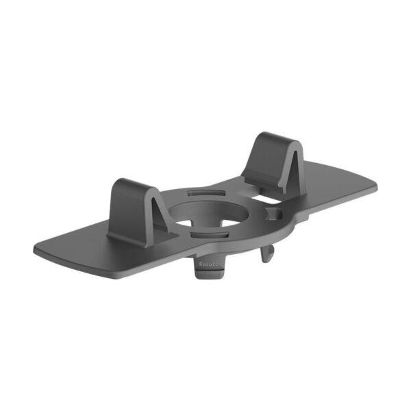 Adaptor Base de 32 mm din plastic gri închis, placă lată cu orificiu central, cleme dedesubt și două opritoare verticale