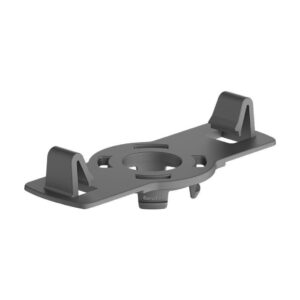 Adaptor Base de 60 mm, placă de plastic gri închis cu orificiu rotund și două opritoare, văzut oblic pe fundal alb