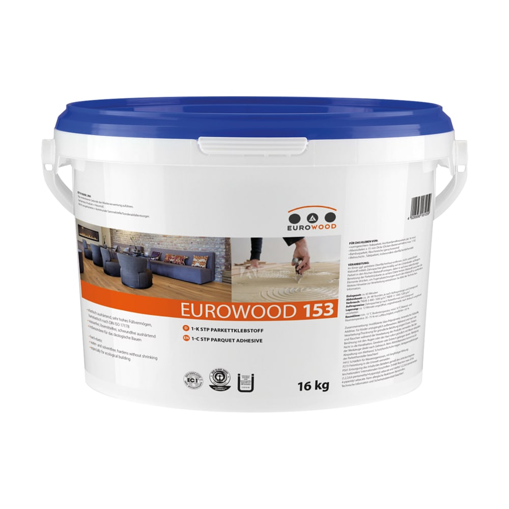 Găleată albă de 16 kg de adeziv pentru parchet Eurowood 153, cu capac albastru Găleată albă de 16 kg de adeziv pentru parchet Eurowood 153, cu capac albastru