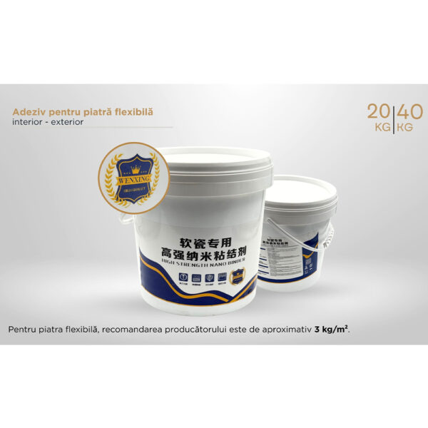 Găleți albe de adeziv pentru piatră flexibilă, pentru interior și exterior, în variantele de 20 și 40 kg