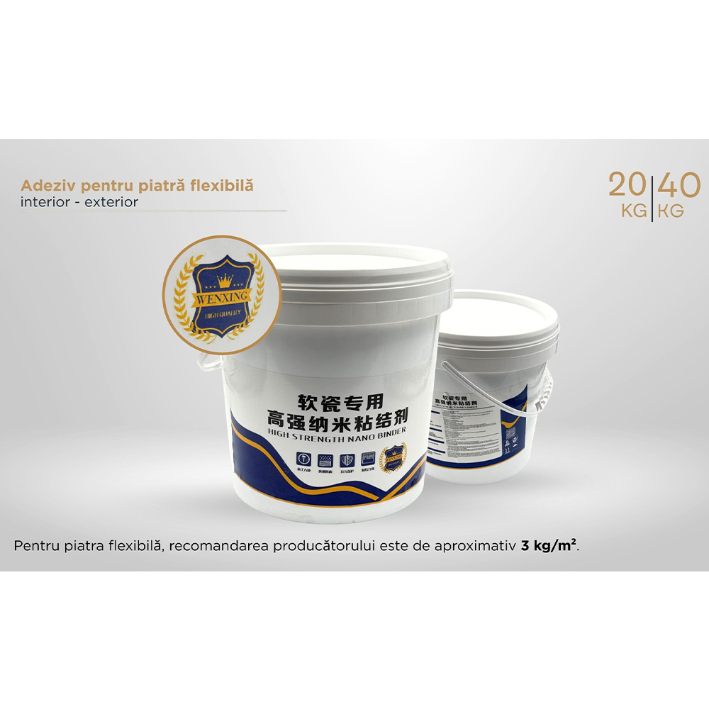 Adeziv pentru piatră flexibilă, găleată de 40 kg Găleți albe de adeziv pentru piatră flexibilă, pentru interior și exterior, în variantele de 20 și 40 kg