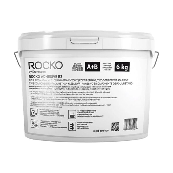 Găleata albă de 6 kg cu adeziv poliuretanic bicomponent Rocko R2 (A+B), cu mâner metalic