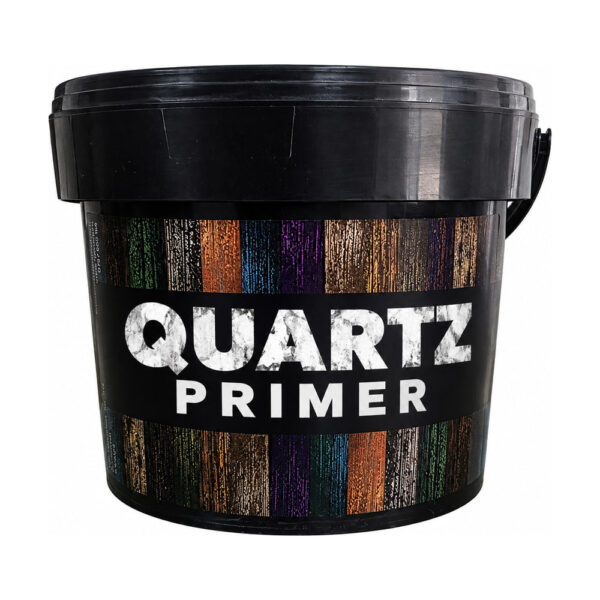 Găleată neagră cu toartă de amorsă Quartz Primer, cu eticheta în dungi colorate